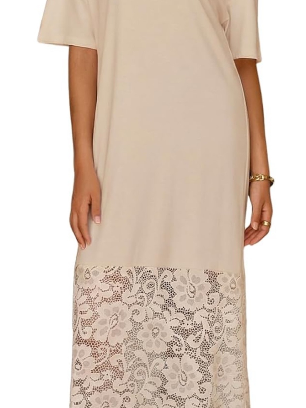 Elegant Midi Dress with Lace Hem - Cream